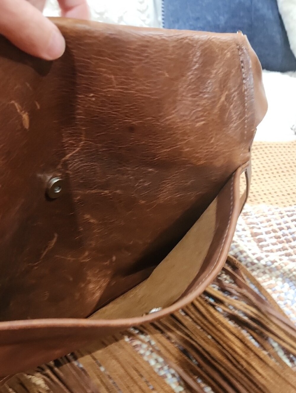 Brown Leather Fringe Crossbody Bag with Teal Croc Accent - Picture 6 of 11